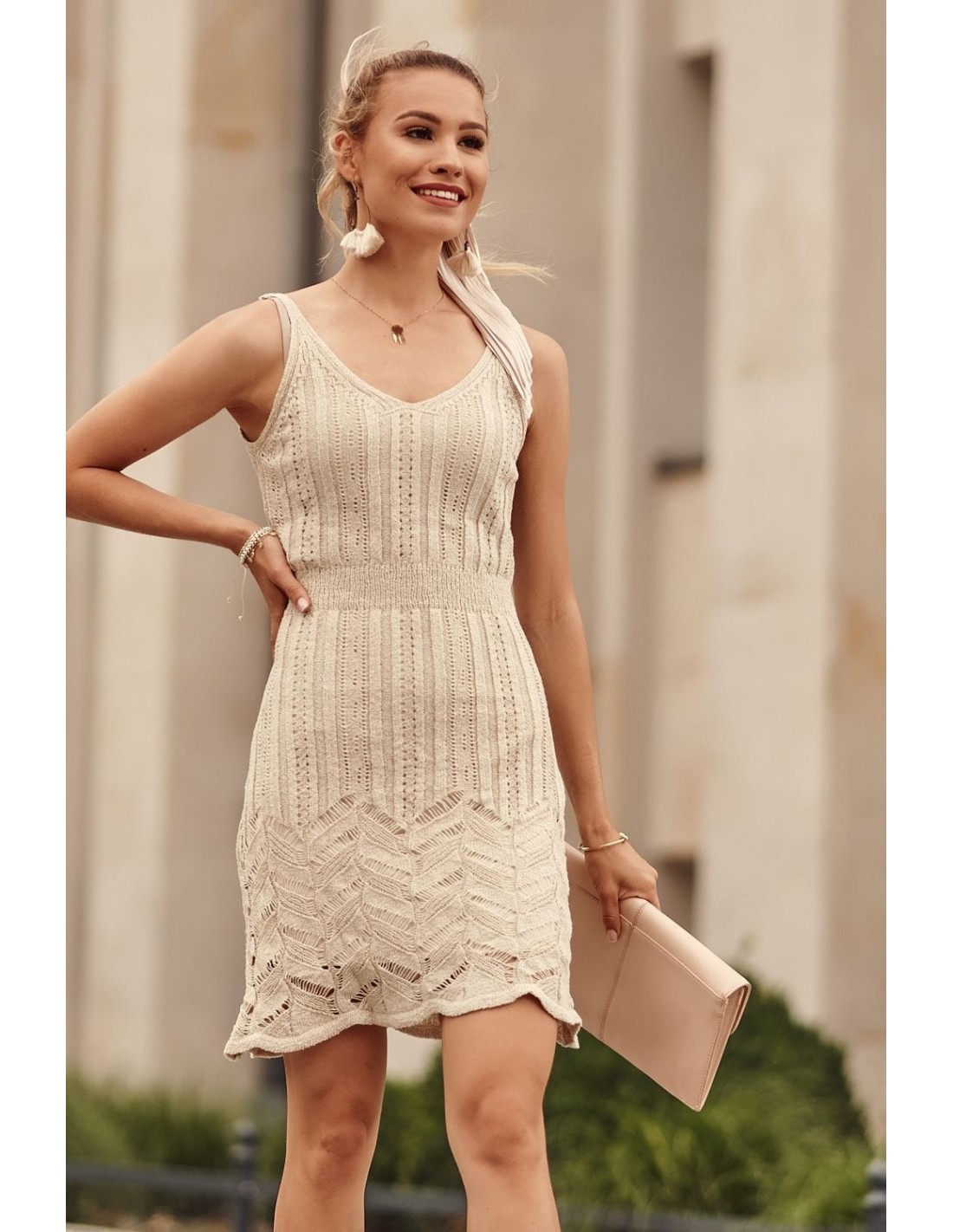 Knitted dress with an openwork pattern, beige PR91130 - Online store - Boutique